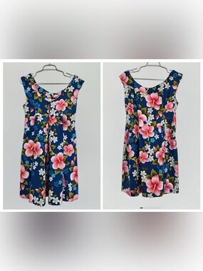 60s Ui-Maikai Hawaii Barkcloth Dress Pink Blue Watteau Back Mini XS